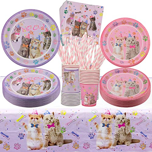 Ywediim Conjunto de fiesta de gatos Fiesta Vajilla Niños Cumpleaños Mascotas, incluidos platos de papel, platos de postre, servilletas, manteles, vasos, popotes, para 40 invitados