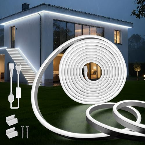 SUCIKORIO 2m Neon Ruban LED Bandeau 220V Extérieur Etanche IP65 Flexible | Blanc Froid 6000K Néon Bande Led Lumiere Découpable Led Strip Avec Alimentation Pour Cuisine, Chambre, Pergola Bioclimatique