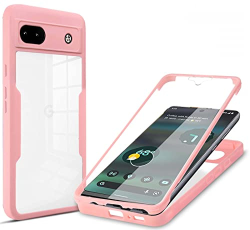 GOKEN Hülle für Google Pixel 6a, [ Integriertem Displayschutz ] 360 Grad Stoßfest Handyhülle, Transparent Soft TPU Bumper Schutzhülle, Rosa