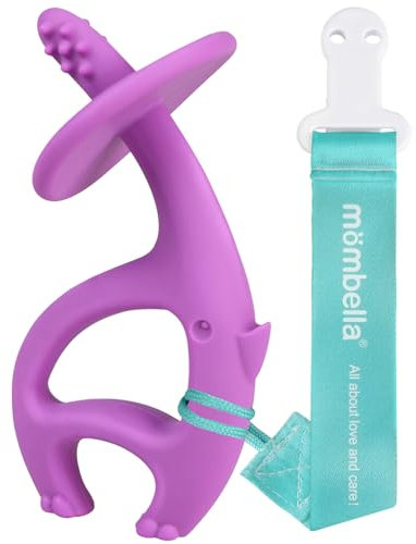 Beißspielzeug für Babys 3 6 12 Monate, Baby-Beißring mit Clip, Silikon-Säuglings-Beißspielzeug für 9 Monate, Mombella 2 in 1 Elefanten-Beißring & Zahnbürste, tolles Baby-Geschenk, lila