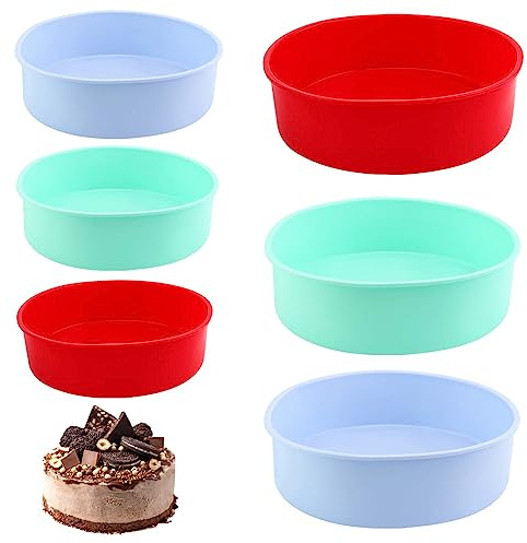 PINGEUI 6 Pcs 6 in 8 in Silicone Cake Tins, Non Stick Round Silicone Cake Pan for Cake, Pie and Pizza Baking, 3 Colors
