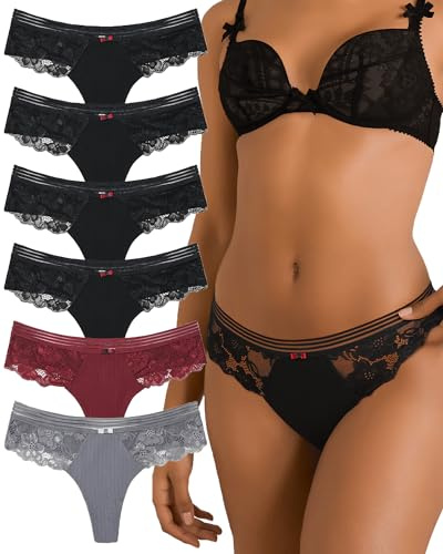 Levao Set med 6 tanga-stringtrosor dam sexig spets tanga bomullstrosor stretch hipster bekväma trosor underkläder S-XL