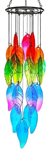 18'' Stained Glass Leaves Wind Chimes for Outside Unique Rainbow Leaves Forest Windchimes Outdoor Decoration Garden Decor