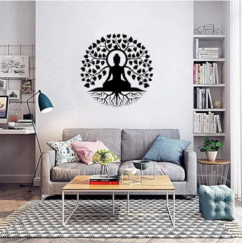 50 cm Tree of Life mit Buddha Schwarz Metall Baum Des Lebens Deko Wohnzimmer Wanddeko Wandkunst Schlafzimmer Lebensbaum
