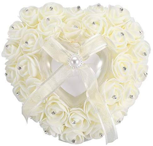 Elegant White Heart Shape Wedding Rings Pillow, Rings Pillow Ribbon Pearl Rose Wedding Heart Rings Box Pillow Cushion Holder for Wedding Groom Bride (Milky White)