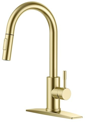 FORIOUS Gold Kitchen Faucet with Pull Down Sprayer, High Arc Modern Classic Sink Faucet Stainless Steel with Deck Fit for 1 or 3 Hole for Pot Filler Bar Farmhouse Laundry Rv, Brushed Champagne Golden