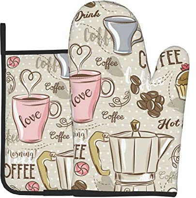 Set di 2 guanti da forno e presine vintage per macchina da caffè espresso, cupcake, fagioli, divertenti guanti da cucina, antiscivolo, resistenti al calore, per cucinare e barbecue