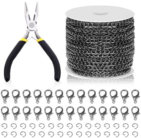 Swpeet Kit di 102 catene per la creazione di gioielli, 3 mm x 9 m di lunghezza, con anellini aperti, chiusure a moschettone e pinza per gioielli, catene per collane, catena a maglia piatta, ideale per