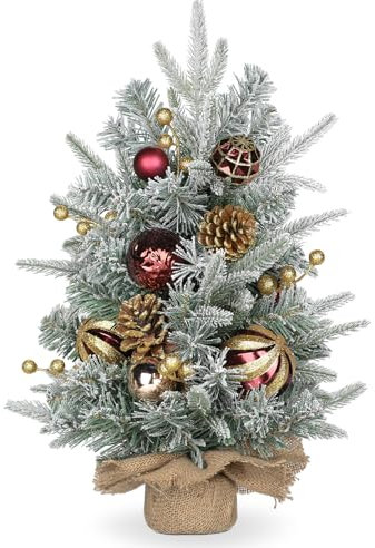 Oairse Small Christmas Tree 60cm Mini Christmas Tree with Giltter Christmas Baubles, Gold Berries, Big Pine Cone and Snow Flocked Branches for Christmas Decorations New Year Tabletop Centerpieces