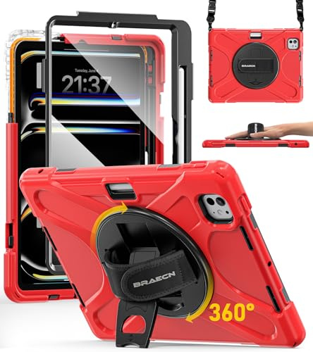 BRAECN Coque pour iPad Pro 11 Pouces - M5/M4 2025/2024 6eme/5eme Génération | Étui de Robuste avec Film Protection, Porte-Stylet, Support Rotatif à 360°et Dragonne, Bandoulière, antichoc Housse, Rouge