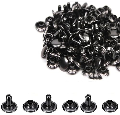 200 Pcs Leather Rivets, Black Metal Double Cap Rivets Snaps Studs for Clothes Shoes Handbag Belts Crafting Repairs, 12mm x 10mm