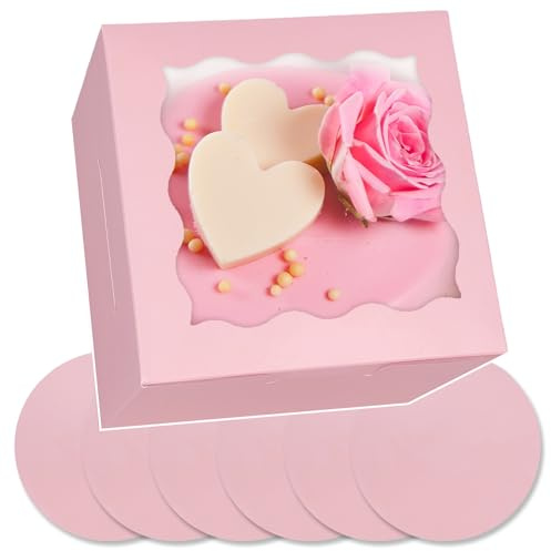 Gcardist Caja para tartas de 15,24 x 15,24 x 12,7 cm, 5 juegos de cajas de cartón rosa con ventana y 5 juegos de tablas redondas de 15,24 cm, soporte para tartas de 15,24 cm (6 x 6 x 5)