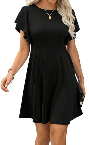 GORGLITTER Women's Ruffle Swing Flared Mini Dress Round Neck Cap Sleeve Plain Casual Short Dress Black X-Large