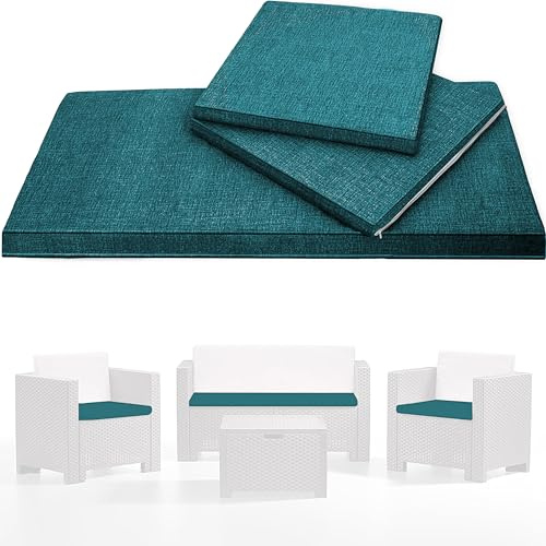 HAND - Tris di Cuscini da Esterno Sfoderabili per Poltrone e Divanetto - Cuscini Esterno Giardino uscinii, Salottini Rattan, 100% Cotone, Made in Italy (Petrolio)