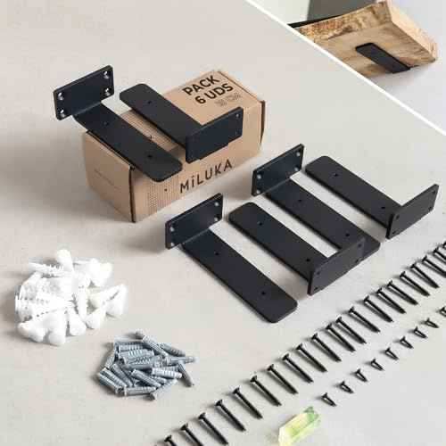MILUKA Set da 6 Staffe a L per Mensole 15 cm | Supporti per Mensole da Parete | Acciaio Resistente, 70 kg | Design Industriale Nero, Fissaggio Nascosto e Facile Installazione.