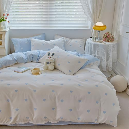 ZBOOM Set Copripiumino con Cuori 155x220cm 2 Pezzi Blu e Bianco Cuori per Bambine in Microfibra con Motivo Cuori, Set Copripiumino Reversibile con Cerniera e Federa 80x80cm