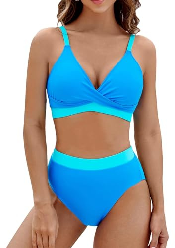 YNIQUE Bikinibaddräkt 2 delar för kvinnor, djup V-ringning, hög midja, push-up, sexig för strand och pool, Blå, XL