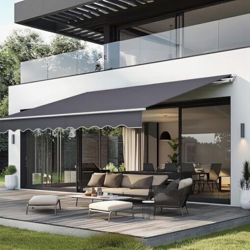 LZQ Aluminium Markise 4 x 3 m Balkonmarkise Sonnenschutz Kassettenmarkise Gelenkarmmarkise Sonnensegel Dunkelgrau