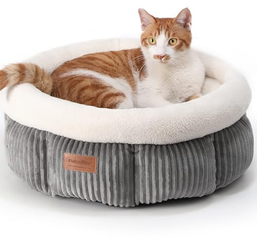 FUKUMARU Cama para Gatos Lavable, 48 x 48 x 20 cm, Cesta para Gatos con Borde Elevado, Cama Suave de Felpa Acanalada, Gris