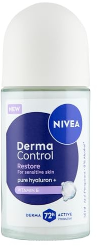 NIVEA Deodorante Roll on Derma Control Restore 50 ml, Deodorante donna antitraspirante per una protezione 72h, Formula senza alcool con Acido Ialuronico e Vitamina E per la cura della pelle sensibile