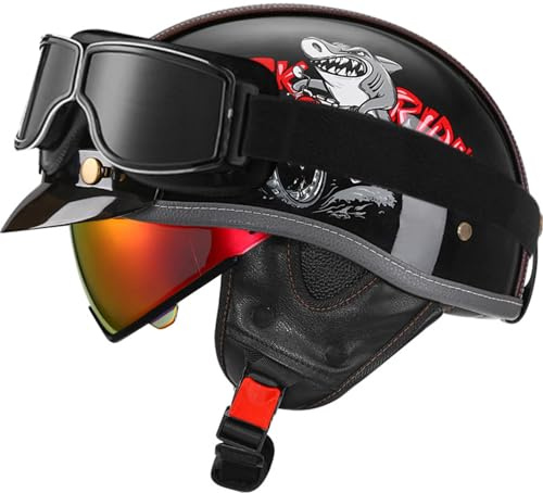 Casco Moto Retrò Vintage Casco Scodella Semi Integrale, Casco Aperto Jet In ABS, Certificato ECE/DOT, Per Motocicletta, Scooter E Bici Elettrica Per Uomo E Donna 7,M