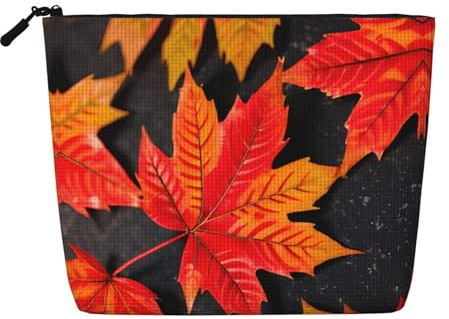 Bolsa de maquillaje de cáñamo falso con estampado de mariquitas, bolsa de aseo de viaje para mujeres, almacenamiento diario, viajes de negocios y más, Hojas rojas otoñales, Talla única