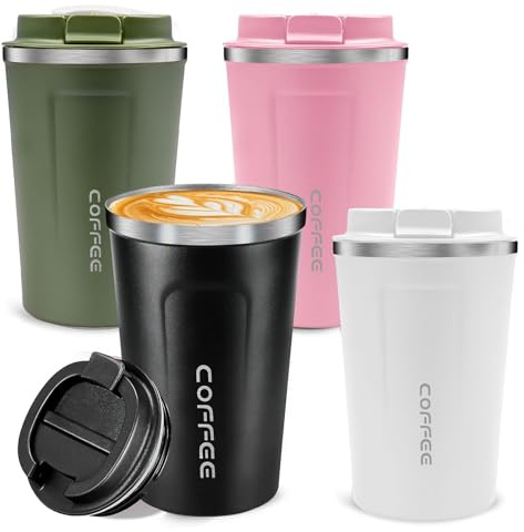 TESIN 4 Stück Kaffeebecher to go 380ml Edelstahl Doppelwandig Isolierbecher mit Auslaufsichere Deckel, Travel Mug für Kaffee und Tee–Weiß, Grün, Schwarz, Rosa