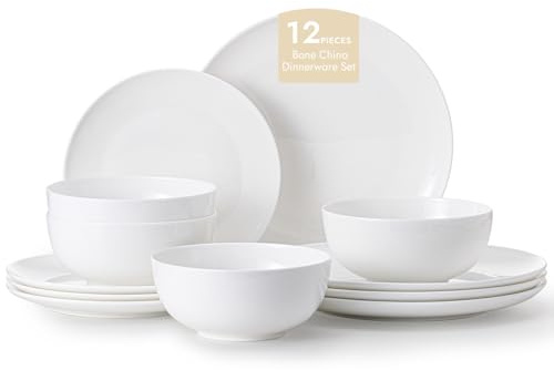 KINGSTONE 12-Piece Bone China Dinnerware Set for 4, Lightweight Porcelain Round Plates and Bowls Set, Durable Scratch Resistant Ceramic Dinner Set, Microwave & Dishwasher Safe, Ivory White