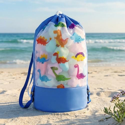 SilTriangle Large Mesh Beach Bag with Drawstring Beach Sand Toy Bag Mesh Tote Backpack for Sand Toy Swimming Pool Essential(Dinosaur)