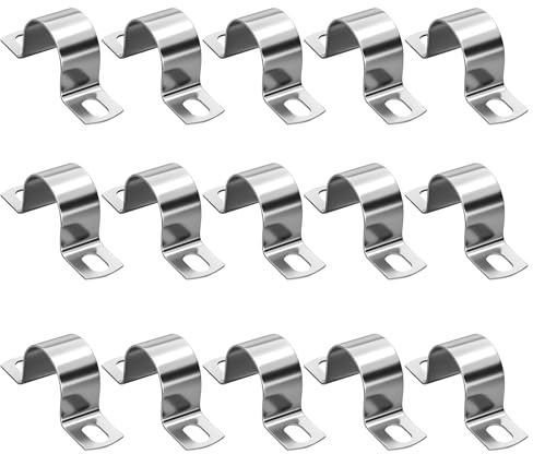 15Pcs Pipe Clamps, 25mm 304 Stainless Steel Pipe Clip 2 Holes Tube Straps Heavy Duty Metal U Bracket Ring Hose Clamp Card Saddle Clip Rigid Pipeline Strap for Installing Gas,Qater or Hose Pipes