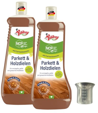 POLIBOY NCP Parkett und Holzdielen Pflege - Bodenreiniger für Echtholzböden - Parkettreiniger mit Pflanzenwachs zur Bodenpflege - 2x 1 L - inkl. Dosierbecher - Made in Germany