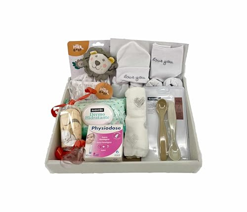 Momentosgourmet Newborn Baby Basket - Includes Dou Dou Leon, Wipes & Spoon, Physiological Serum, Muslin, Hat, Socks, Mittens, Bib and a Diaper