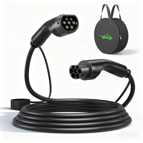 Evjuicion Typ-2-Ladekabel 11 kW 5 m, 16 A Drehstrom-Ladekabel Typ 2 auf Typ 2 für Elektrofahrzeuge (EV/PHEV), inklusive Tragetasche, kompatibel mit Model 3/S/X/Y/e-208/ID.5/E-Tron/IONIQ 5/Zoe/e-Golf