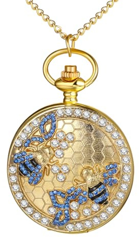 JewelryWe Pocket Watch Women Men: Gold Vintage Bronze Quartz Analog Hollow Sparkling Bling Rhinestone Honeybee Hunter Case Fob Chain Timepiece Gift
