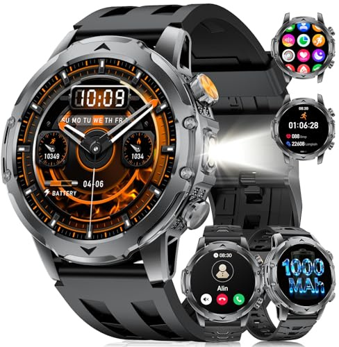 Reloj Inteligente Hombre Militar LED Linterna/1000mAh Batería/3 Correas, 1.53Smartwatch Hombre con Llamadas, 120+ Modos Deportivos, 5ATM Impermeable Pulsómetro Podómetro Android iOS Silicona