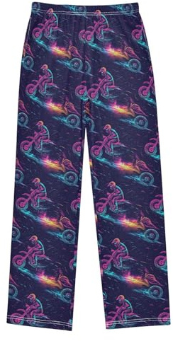 foixnub Pajama Pants Motocross Bike Neon Cartoon Motor Bike Lounge Bottoms Long Sleep Pant with 2 Pockets 9-10 Years