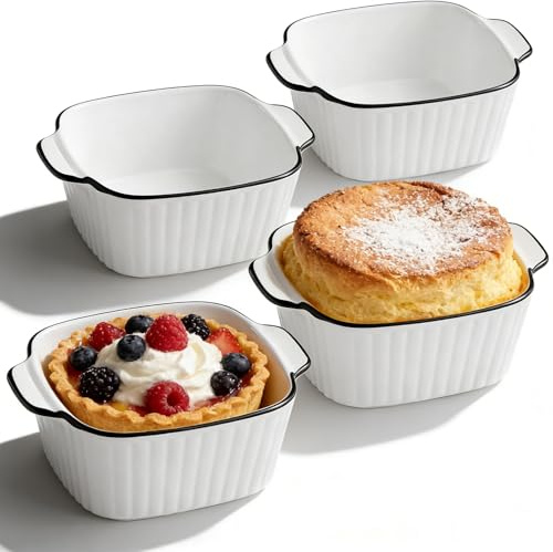 Set di 4 Teglie Forno Quadrate in Ceramica 400ml per Friggitrice ad Aria, con Manici Ergonomici e Design Scanalato - Antiaderente Naturale, Lavabile in Lavastoviglie