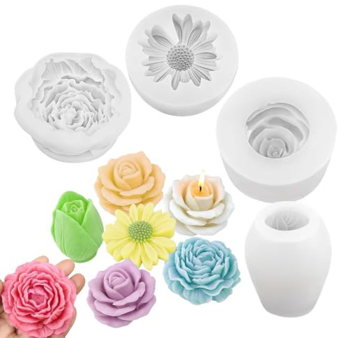 4 Pcs Moules à Bougies en Silicone 3D Forme de Fleurs Moules à Fleurs Marguerites Moules à Bougies en Résine Moule en Silicone Rose Pivoines Tulipes 3D Moule en Silicone Couler pour DIY