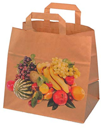 250 Papiertragetaschen Papiertüten Tragetaschen aus Papier braun Bio mit Neutraldruck Obst Früchte 26+17x25cm 80g/m²