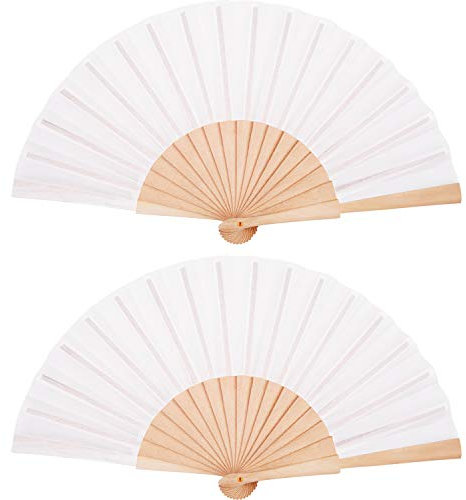 Chuangdi 2 Pieces Folding Hand Fans for Line Dancing Manual Clapping Wooden Wedding Fans Handheld for Women with Drawstring Organza Bags Party Supply(White,2 Pcs)