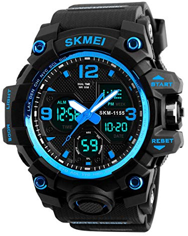 Orologio da polso da uomo, analogico, digitale, LED, 50 m, resistente all'acqua, per sport all'aperto, militare, multifunzionale, casual a doppio display, cronometro 12 ore/24 ore (Nero Blu)