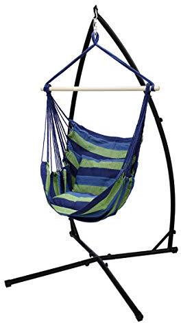ECD Germany Hängesessel Blau/Grün mit Gestell Schwarz 208 cm, Hängestuhl Hängeschaukel aus Baumwolle mit 2 Kissen bis 120kg, Freistehendes Hängesesselgestell Metall Hängestuhlgestell Hängesitz Ständer