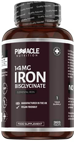 Iron Tablets 14mg - 365 Tablets (12 Months Supply) - High Strength Vegan Iron Bisglycinate Supplement - Reduces Tiredness and Fatigue - for Men & Women Made in UK