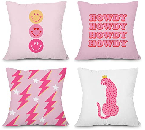 heilkee Preppy Throw Pillow Covers Set of 4 Decorative Soft Pillowcase Hot Pink Preppy Room Decor Aesthetic Smiley Face Square Cushion Case for Sofa Girls Bedroom,18x18 Inches
