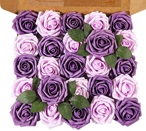Ancokig Künstliche 25 Stück Rosen Blumen Schaumrosen Foamrosen Kunstblumen Rosenköpfe Gefälschte Kunstrose Rose für Hochzeit Blumensträuße Braut Zuhause Dekoration (Doppelt violett,25 Stück)