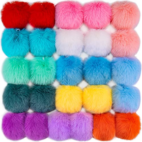 BQTQ 26 Pieces Faux Rabbit Fur Pom Pom Balls DIY Fluffy Pom Pom with Elastic Loop for Hats Keychains Scarves Gloves Bags Accessories, 13 Colours