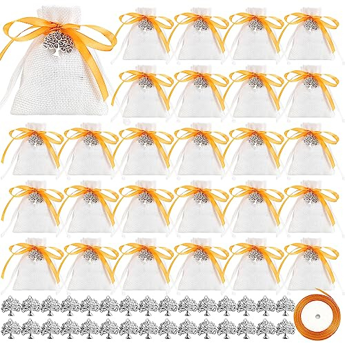 30 Stück Jutesäckchen mit Kordelzug,8×10CM Säckchen zum Befüllen mit 30Pcs Lebensbaum Anhänger,Mini Baumwollsäckchen für Weihnachten Hochzeit,Geburtstag,Kommunion