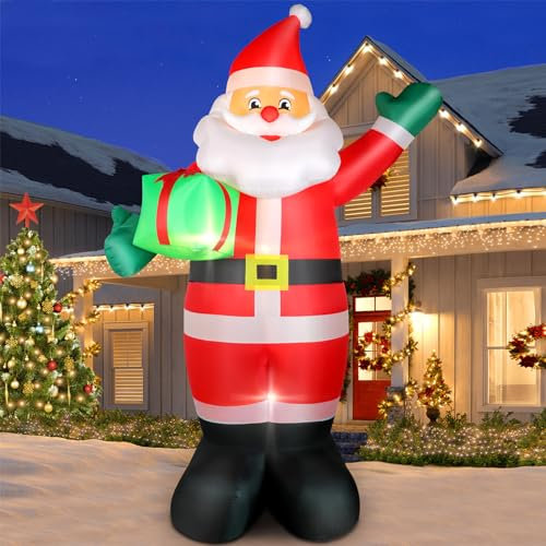 300 cm Aufblasbar Weihnachtsmann mit LED Licht Gebläse, 10 Fuß Riesen Figur Inflatable Santa mit Grünebox, Weihnachtsdeko IP44 Wetterfest Beleuchtung Deko für Innen Rasen Hof Außen