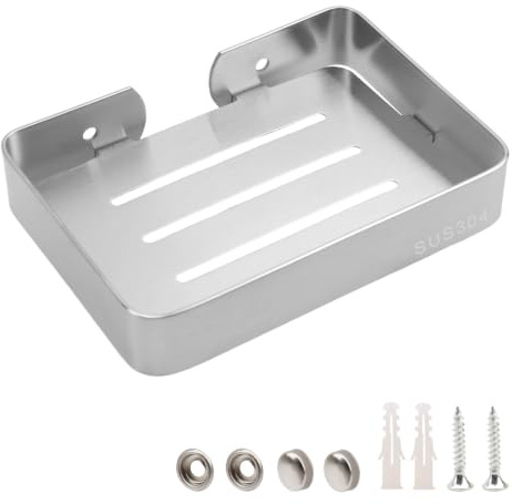 Shonmogar Porte-savon mural en acier inoxydable argenté avec vis, porte-savon robuste pour barre de savon élégant (M, argent)