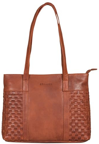 STILORD Verena Echt-Leder Shopper Damen Schultertasche Flecht-Optik mit langen Henkel Handtasche Umhänge-Tasche für Schule Arbeit Shopping Vintage Tote Bag Echtleder Farbe:schwarz